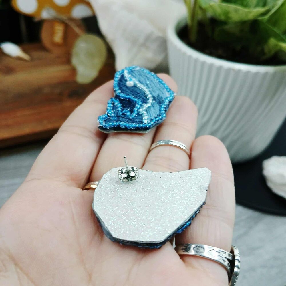 Whale Beaded Embroidery Stud Earrings, Handmade OOAK Ocean Beach - Picture 4 of 4